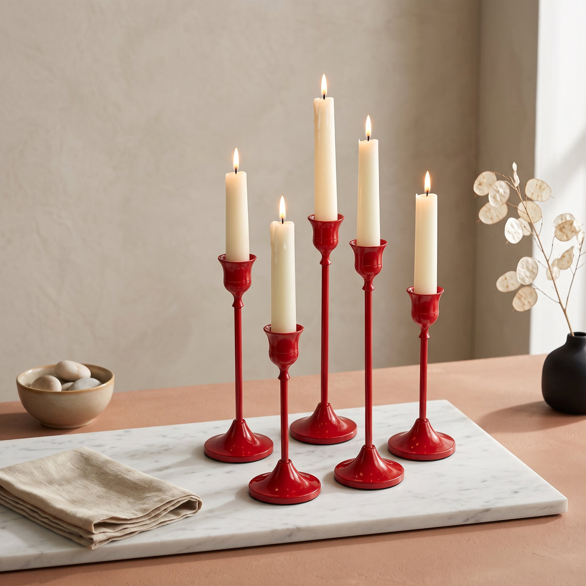 Glossy Red Metal Tapered Candle Holders